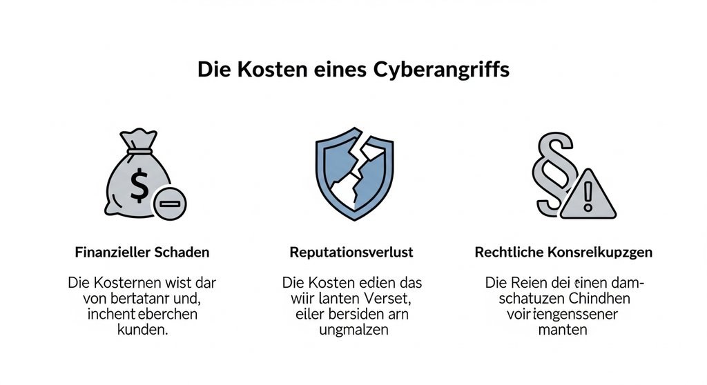 Infografik zu den Kosten eines Cyberangriffs: Finanzieller Schaden, Reputationsverlust und rechtliche Folgen.