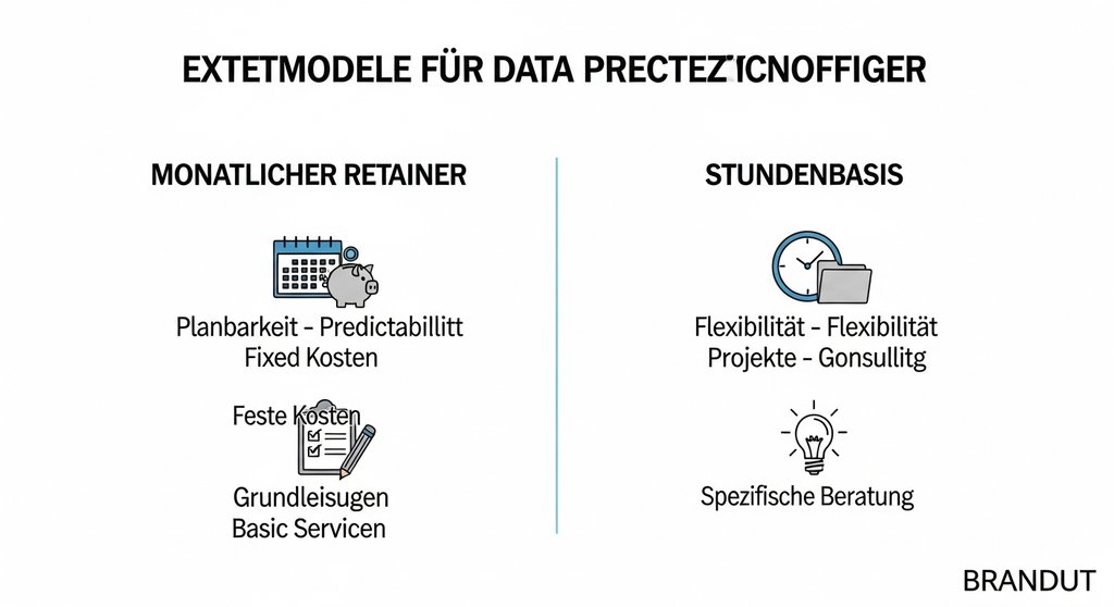 Infografik zu den Kostenmodellen für externe Datenschutzbeauftragte. Clean, modern infographic in German. Two columns. Left column titled 