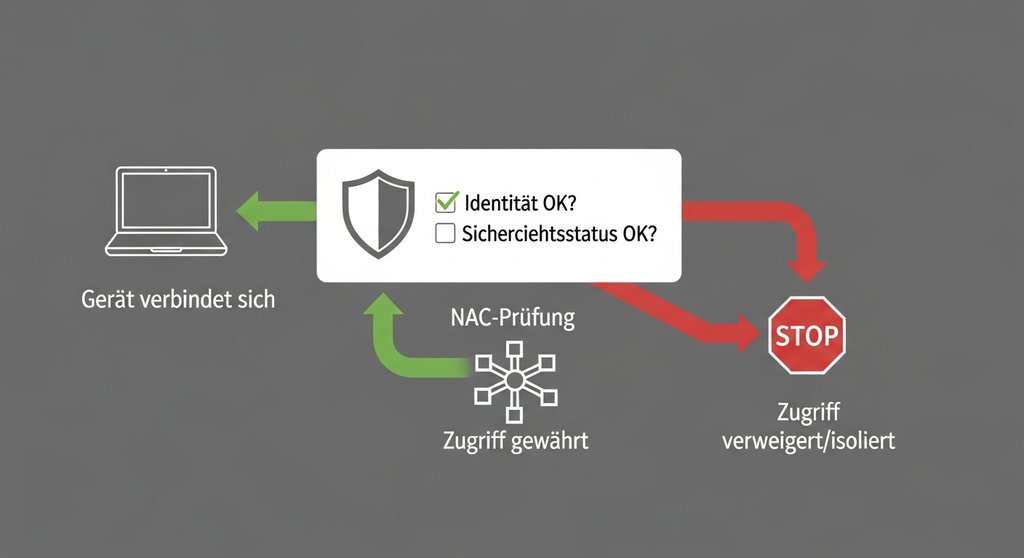 Infografik zum Prozess der Network Access Control in drei Schritten.
