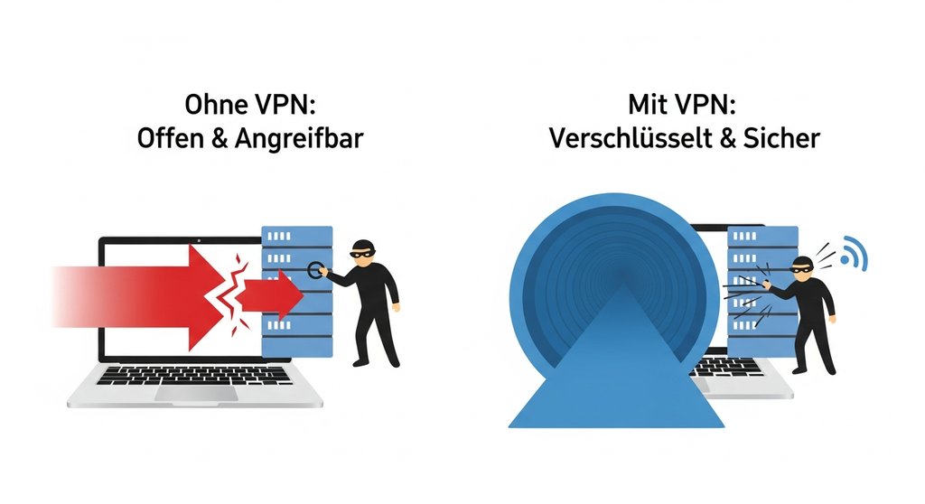 Infografik zum Vergleich einer ungesicherten Verbindung mit einer sicheren VPN-Verbindung.