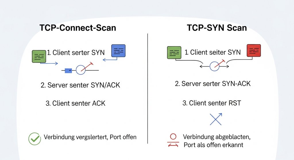 Infografik zum Vergleich von TCP-Connect- und TCP-SYN-Portscans.