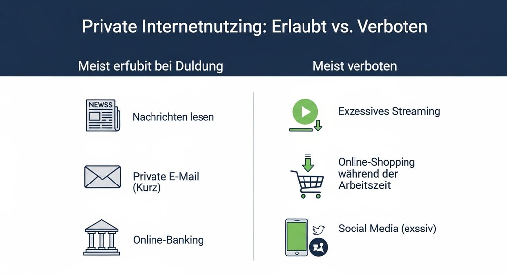 Infografik zur erlaubten und verbotenen privaten Internetnutzung am Arbeitsplatz.