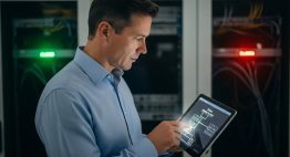 IT-Administrator überprüft die Richtlinien für Network Access Control auf seinem Tablet in einem Serverraum.