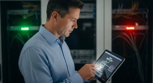 IT-Administrator überprüft die Richtlinien für Network Access Control auf seinem Tablet in einem Serverraum.
