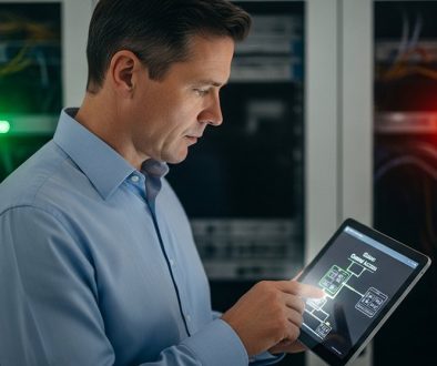 IT-Administrator überprüft die Richtlinien für Network Access Control auf seinem Tablet in einem Serverraum.