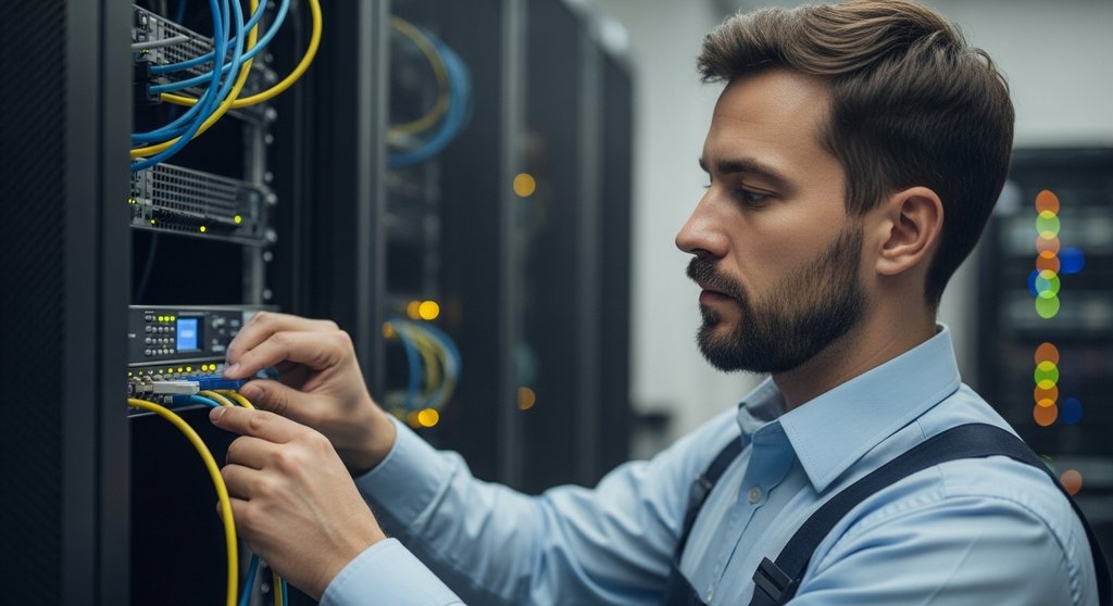 IT-Experte bei der Konfiguration der Netzwerksicherheit in einem Serverraum.