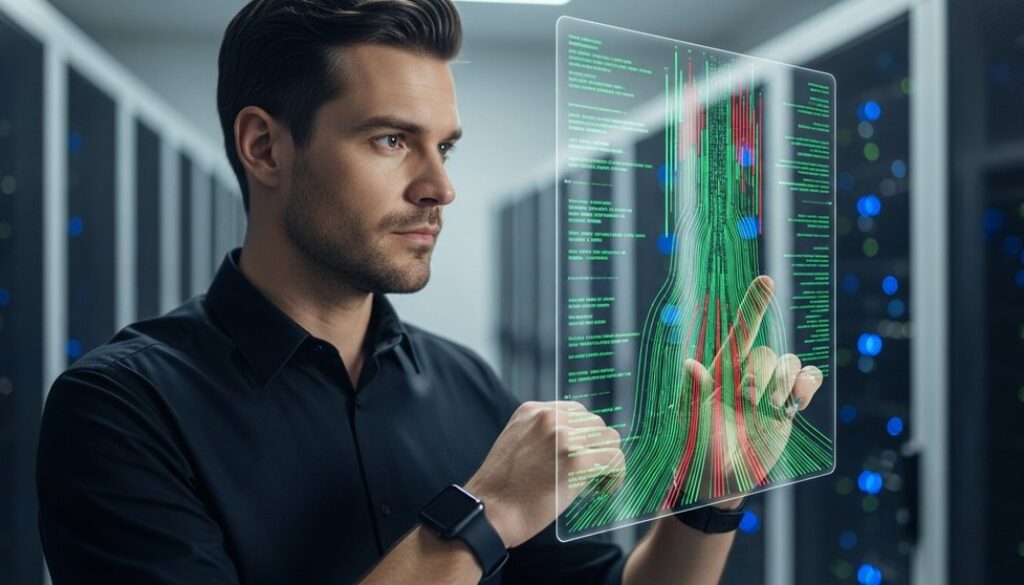 IT-Experte überwacht den Datenverkehr an einem Secure Web Gateway.