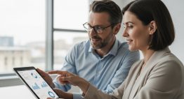 Kosten externer Datenschutzbeauftragter: Ein CEO und ein Berater analysieren ein transparentes Preismodell. High resolution photography, medium shot of two professionals, a man and a woman in their 40s, in a modern, minimalist office. They are looking at a sleek tablet displaying clear charts and figures. The focus is on their engaged, confident expressions, suggesting a strategic partnership. The background is slightly blurred (bokeh), with soft, natural light coming from a large window. The overall mood is one of clarity, professionalism, and trust. Shot on DSLR, muted tones, true-to-life colors, visible skin texture.