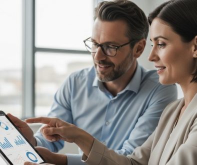 Kosten externer Datenschutzbeauftragter: Ein CEO und ein Berater analysieren ein transparentes Preismodell. High resolution photography, medium shot of two professionals, a man and a woman in their 40s, in a modern, minimalist office. They are looking at a sleek tablet displaying clear charts and figures. The focus is on their engaged, confident expressions, suggesting a strategic partnership. The background is slightly blurred (bokeh), with soft, natural light coming from a large window. The overall mood is one of clarity, professionalism, and trust. Shot on DSLR, muted tones, true-to-life colors, visible skin texture.