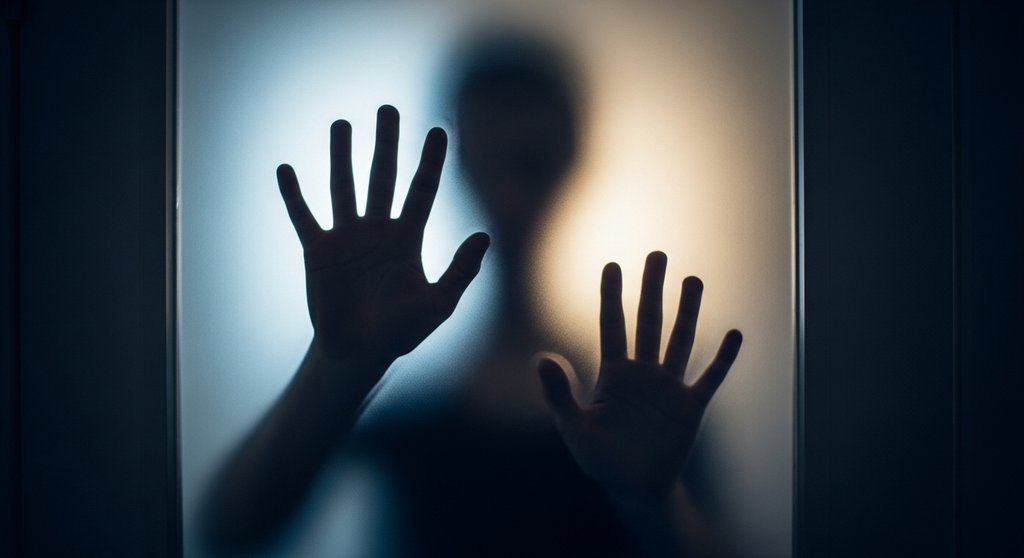 Metaphorisches Bild für das 'Chinesische Zimmer'-Argument: Eine Person hinter einer Milchglasscheibe.