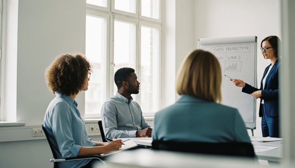 Mitarbeiterschulung zum Datenschutz in einem modernen Büro. Editorial Style Fotografie, aufgenommen mit einer 35mm-Kamera, die eine Gruppe von drei diversen Mitarbeitern in einem hellen, minimalistischen Konferenzraum zeigt. Sie sitzen nicht frontal zur Kamera, sondern sind in ein Gespräch mit einem Trainer vertieft, der auf ein Whiteboard zeigt. Der Fokus liegt auf den nachdenklichen und engagierten Gesichtsausdrücken der Teilnehmer. Einer macht sich Notizen. Weiches, natürliches Fensterlicht. Geringe Schärfentiefe (Bokeh), die den Hintergrund leicht verschwimmen lässt. True-to-life colors, Kodak Portra 400 Stil mit leichtem Filmkorn. Die Szene vermittelt Konzentration und professionelles Lernen, keine gestellte Stock-Foto-Atmosphäre. →