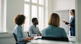 Mitarbeiterschulung zum Datenschutz in einem modernen Büro. Editorial Style Fotografie, aufgenommen mit einer 35mm-Kamera, die eine Gruppe von drei diversen Mitarbeitern in einem hellen, minimalistischen Konferenzraum zeigt. Sie sitzen nicht frontal zur Kamera, sondern sind in ein Gespräch mit einem Trainer vertieft, der auf ein Whiteboard zeigt. Der Fokus liegt auf den nachdenklichen und engagierten Gesichtsausdrücken der Teilnehmer. Einer macht sich Notizen. Weiches, natürliches Fensterlicht. Geringe Schärfentiefe (Bokeh), die den Hintergrund leicht verschwimmen lässt. True-to-life colors, Kodak Portra 400 Stil mit leichtem Filmkorn. Die Szene vermittelt Konzentration und professionelles Lernen, keine gestellte Stock-Foto-Atmosphäre. →