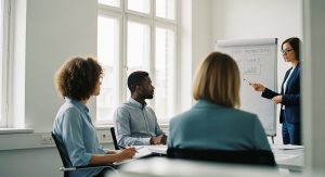 Mitarbeiterschulung zum Datenschutz in einem modernen Büro. Editorial Style Fotografie, aufgenommen mit einer 35mm-Kamera, die eine Gruppe von drei diversen Mitarbeitern in einem hellen, minimalistischen Konferenzraum zeigt. Sie sitzen nicht frontal zur Kamera, sondern sind in ein Gespräch mit einem Trainer vertieft, der auf ein Whiteboard zeigt. Der Fokus liegt auf den nachdenklichen und engagierten Gesichtsausdrücken der Teilnehmer. Einer macht sich Notizen. Weiches, natürliches Fensterlicht. Geringe Schärfentiefe (Bokeh), die den Hintergrund leicht verschwimmen lässt. True-to-life colors, Kodak Portra 400 Stil mit leichtem Filmkorn. Die Szene vermittelt Konzentration und professionelles Lernen, keine gestellte Stock-Foto-Atmosphäre. →