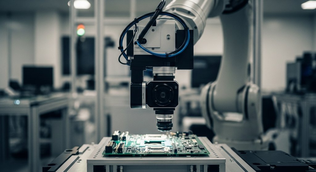 Roboterarm mit Kamera inspiziert eine Leiterplatte in einer modernen, sauberen Fabrikhalle. Environmental Portrait. Shot on 35mm film, giving it a tangible, slightly grainy texture. The lighting is clean and bright, but with natural shadows. The focus is on the intricate details of the circuit board, with the robotic arm slightly blurred to convey motion and precision. Muted tones with metallic sheens. The scene captures the essence of high-tech manufacturing and quality control.