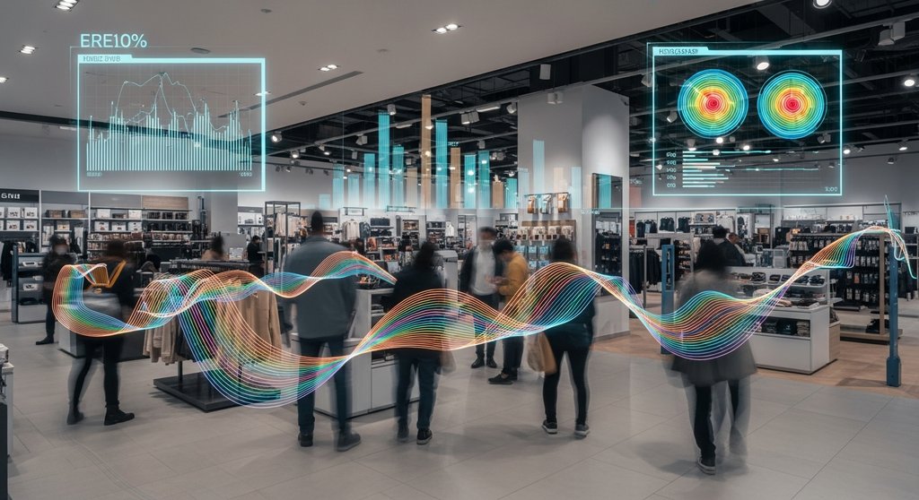 Schematische Darstellung von Kundenbewegungen als leuchtende Linien in einem modernen Einzelhandelsgeschäft. Abstract photography with long exposure. The people appear as blurred motion trails, ensuring anonymity, while the store environment is sharp. A digital overlay shows analytics and heatmaps. Muted tones for the store, vibrant colors for the data trails. The shot should feel futuristic and data-driven, yet clean and understandable. DSLR, high resolution.