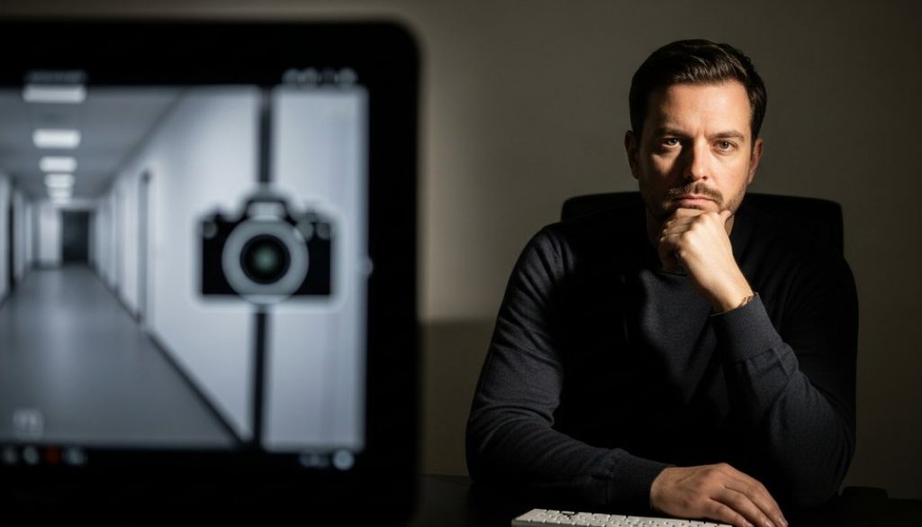 Unternehmer wägt die rechtlichen Aspekte der Videoüberwachung am Arbeitsplatz ab.