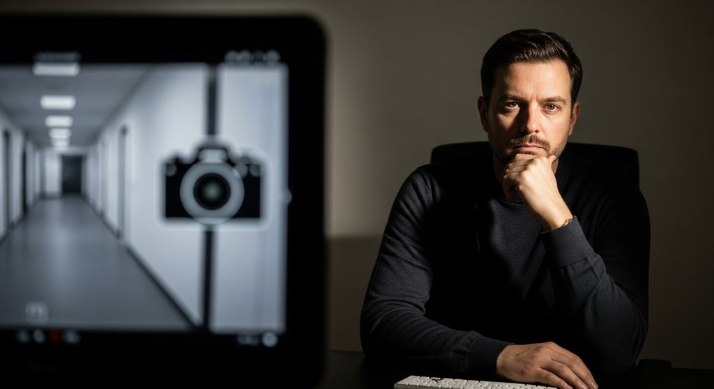 Unternehmer wägt die rechtlichen Aspekte der Videoüberwachung am Arbeitsplatz ab.