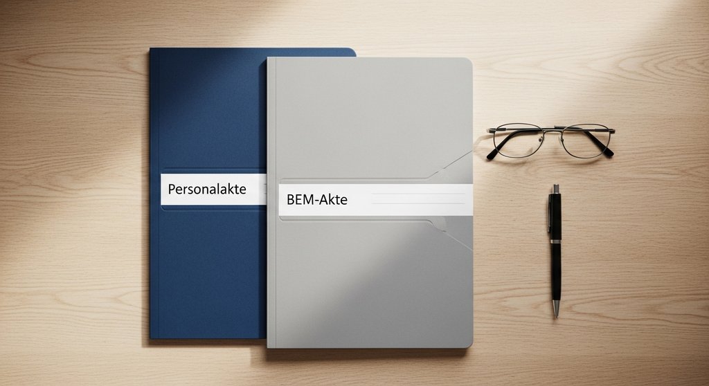 Zwei getrennte Aktenordner für Personalakte und BEM-Akte, die die Datentrennung verdeutlichen.