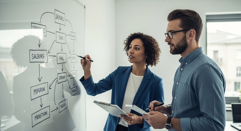 Zwei Mitarbeiter diskutieren Datenschutzprozesse an einem Whiteboard im Büro.